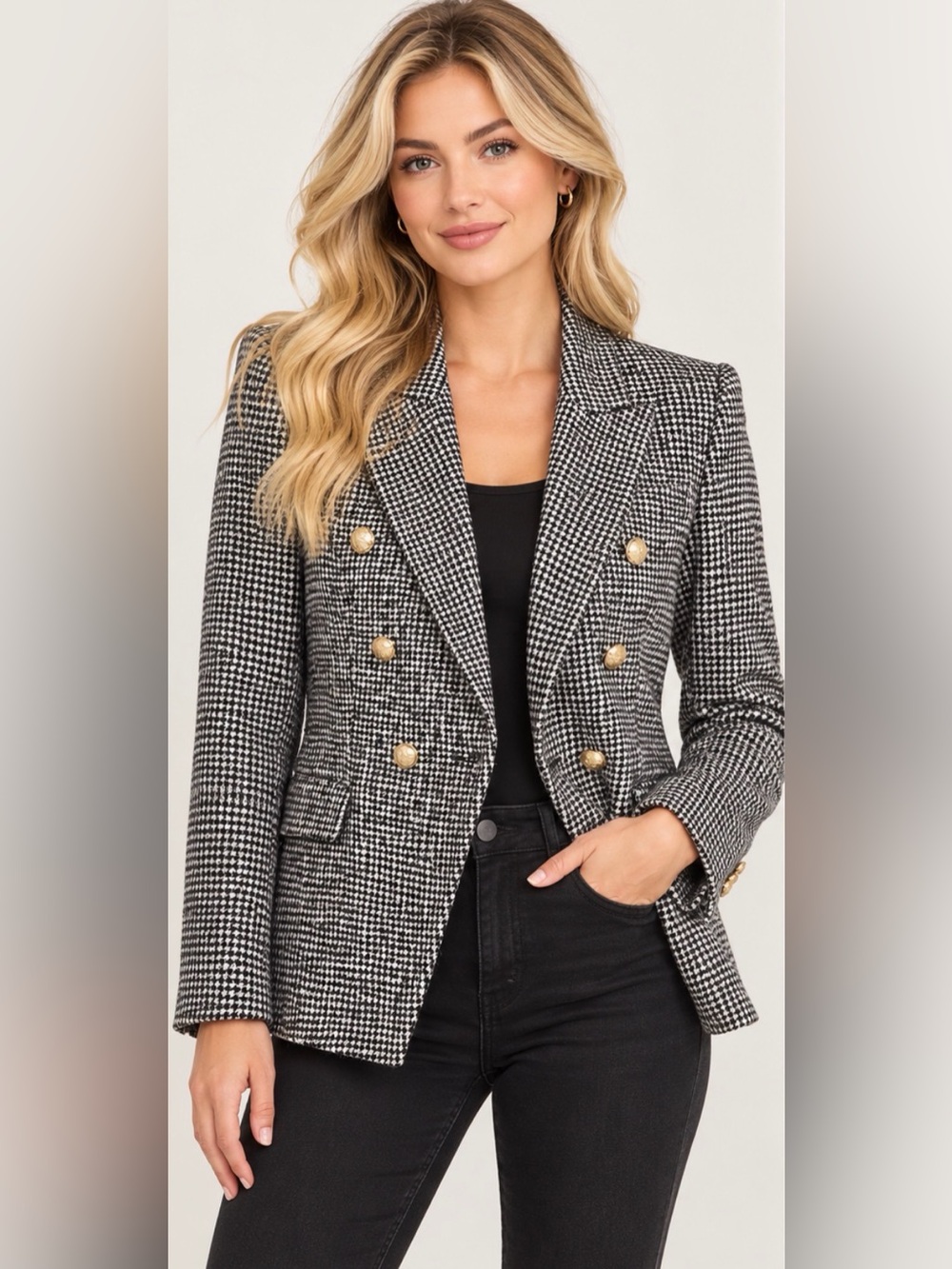 Zara Black & White Houndstooth Double-Breasted Blazer with Gold Buttons